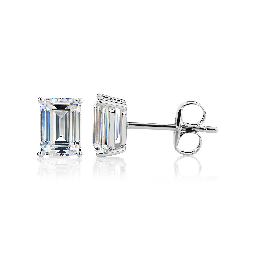 Emerald Cut stud earrings with 2 carats* of diamond simulants in 10 carat white gold