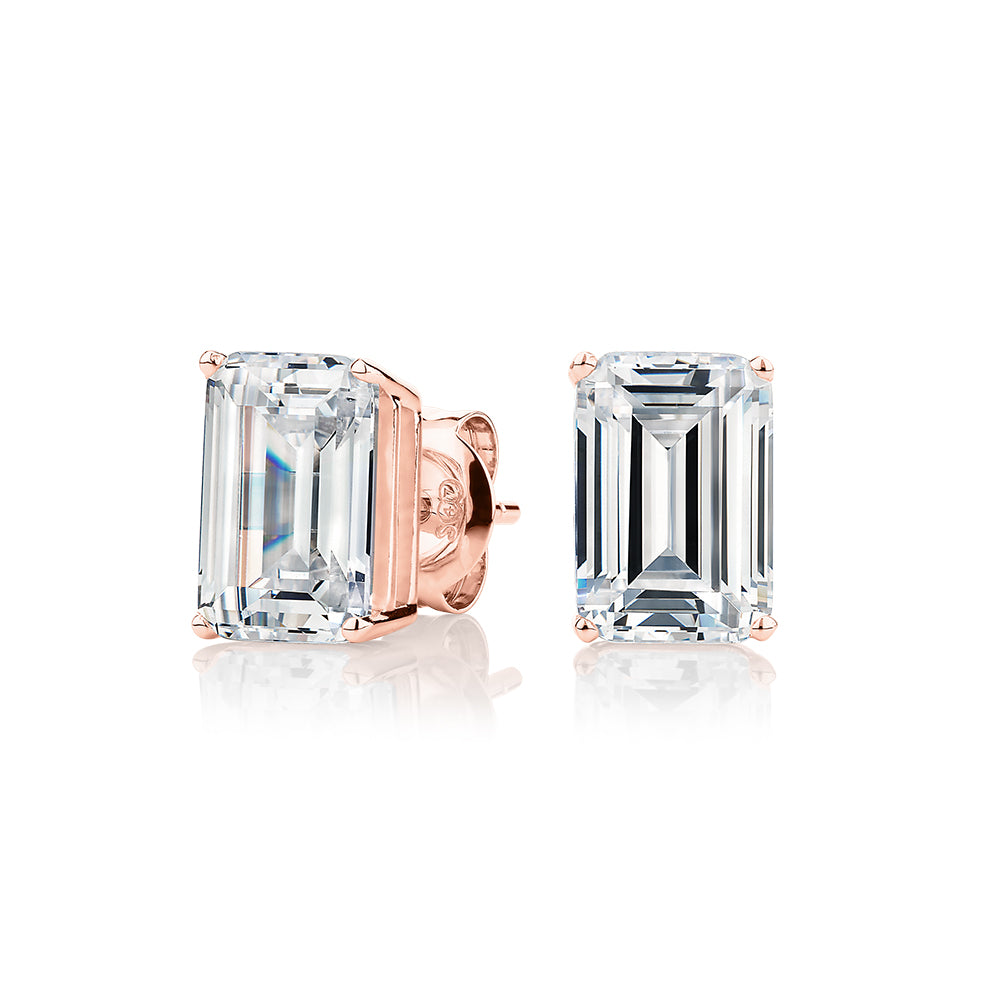 Emerald Cut stud earrings with 3 carats* of diamond simulants in 10 carat rose gold