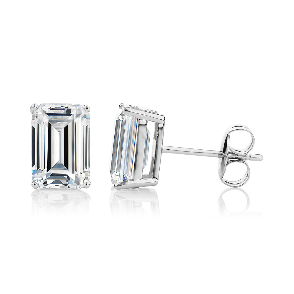 Emerald Cut stud earrings with 3 carats* of diamond simulants in 10 carat white gold