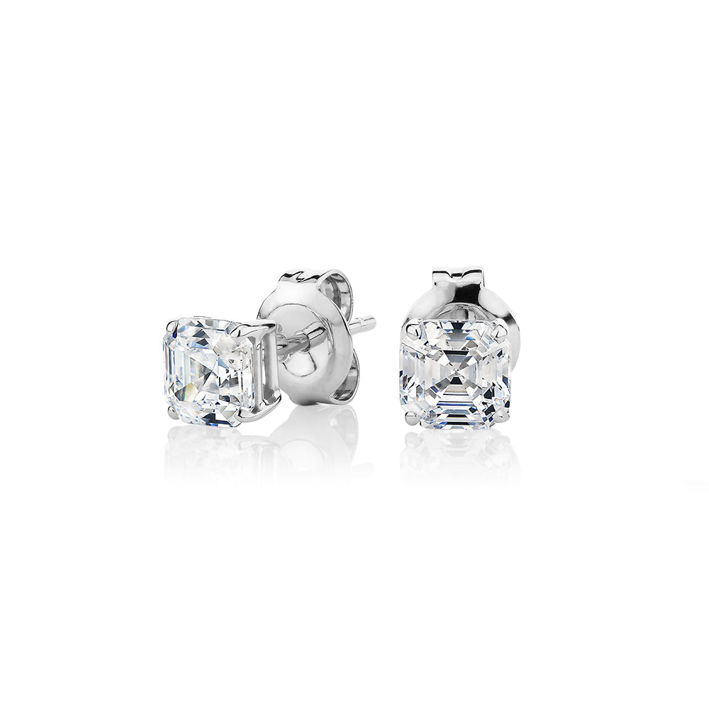 Asscher stud earrings with 1 carats* of diamond simulants in 10 carat white gold