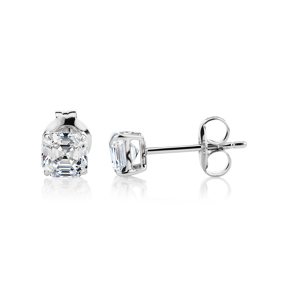Asscher stud earrings with 1 carats* of diamond simulants in 10 carat white gold