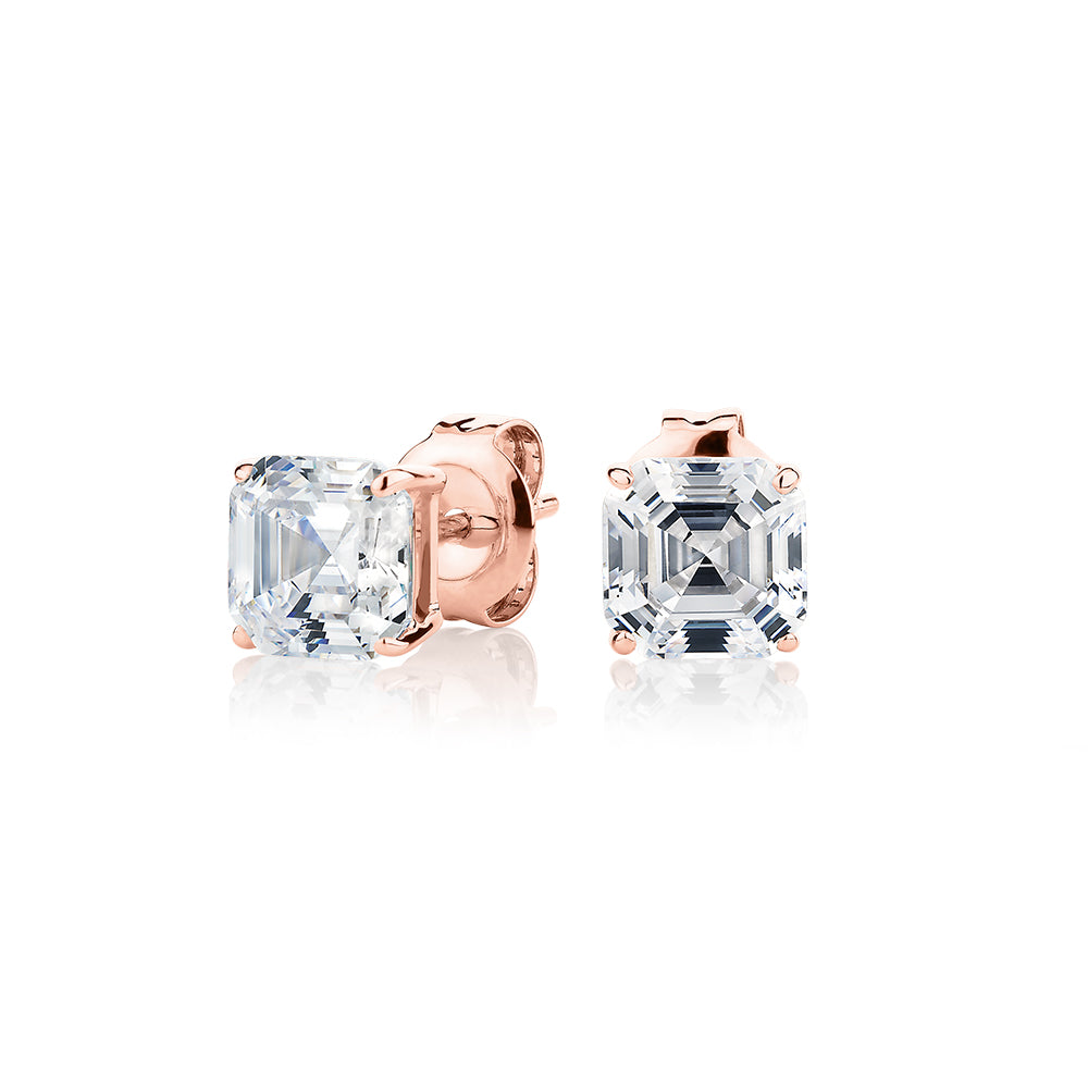 Asscher stud earrings with 2 carats* of diamond simulants in 10 carat rose gold