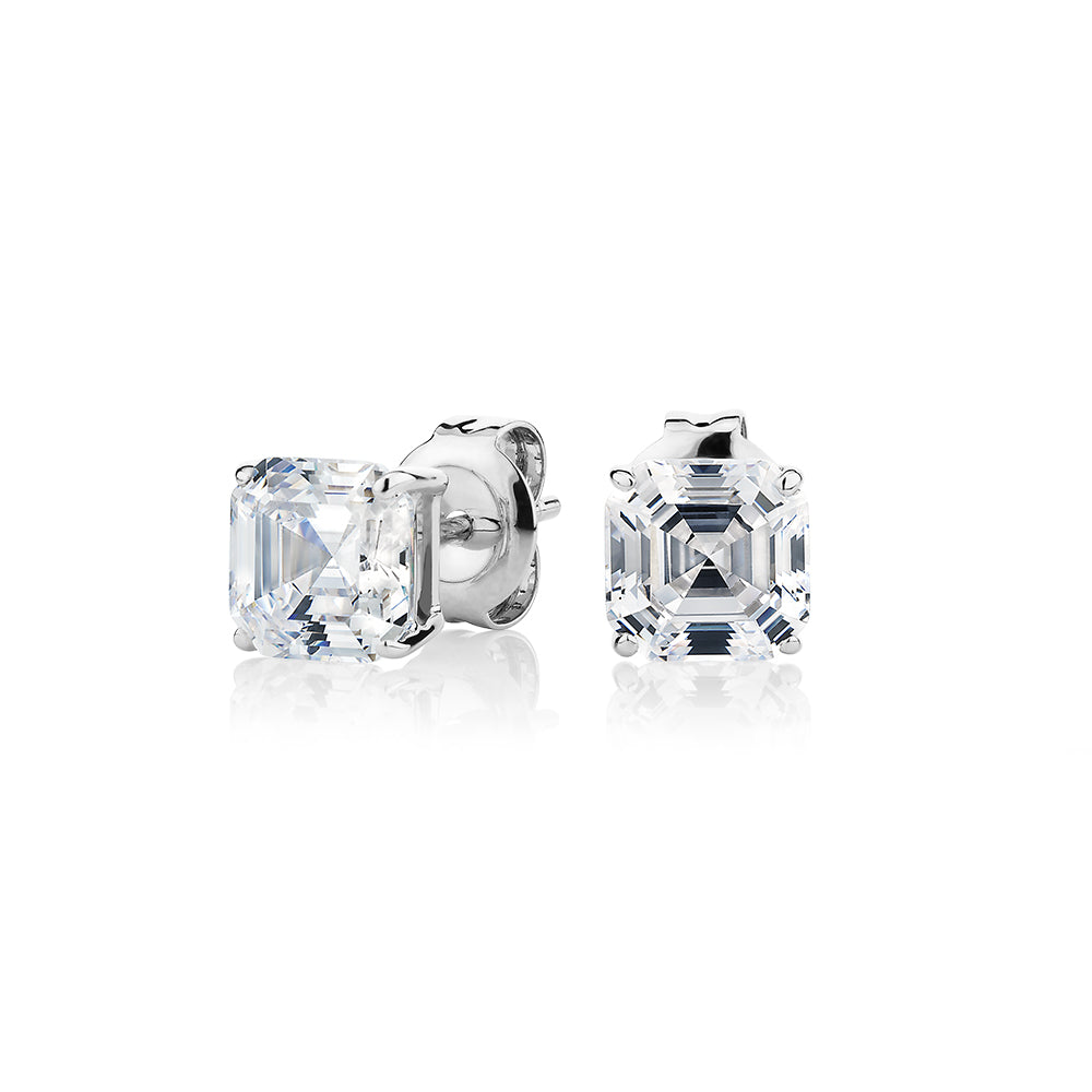 Asscher stud earrings with 2 carats* of diamond simulants in 10 carat white gold