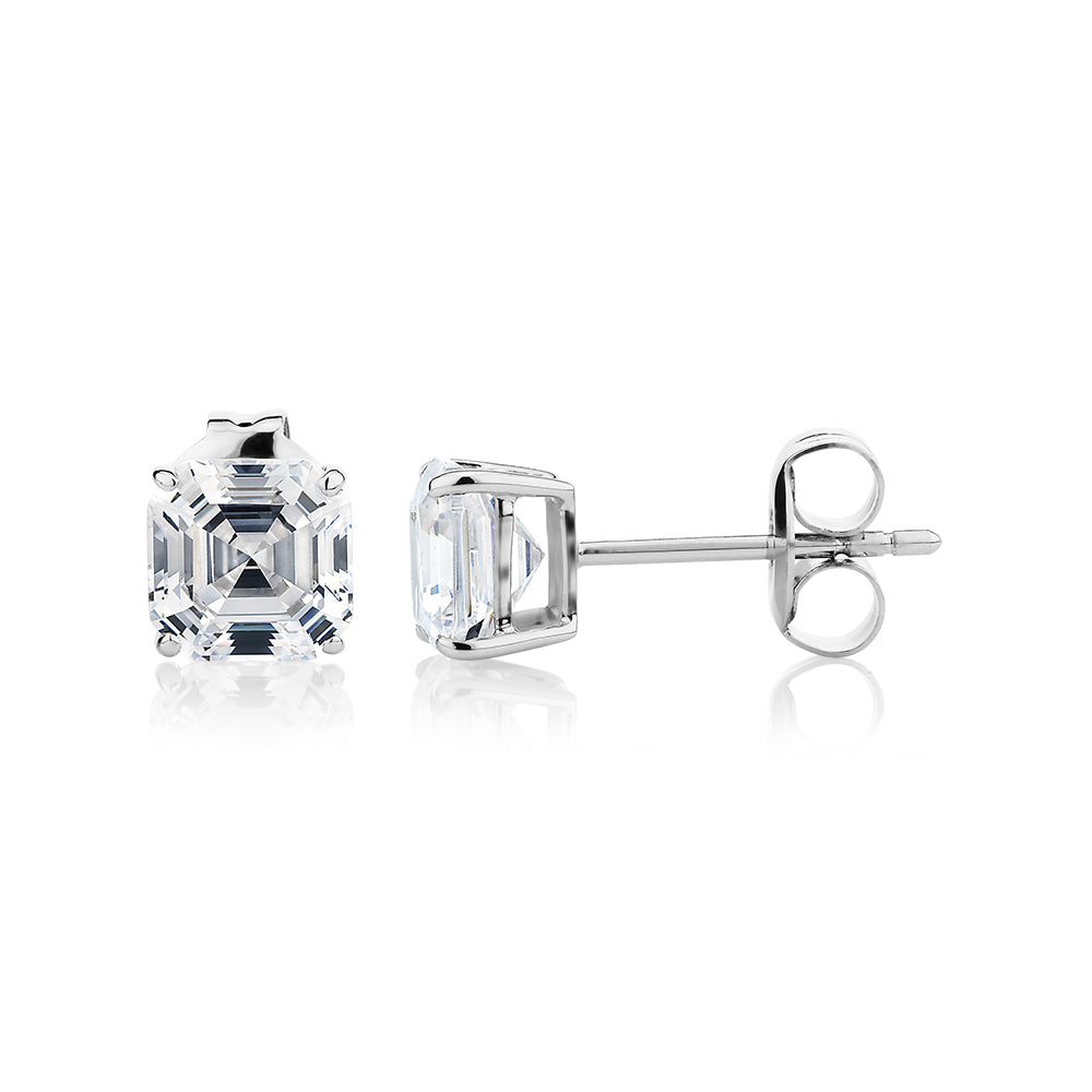 Asscher stud earrings with 2 carats* of diamond simulants in 10 carat white gold