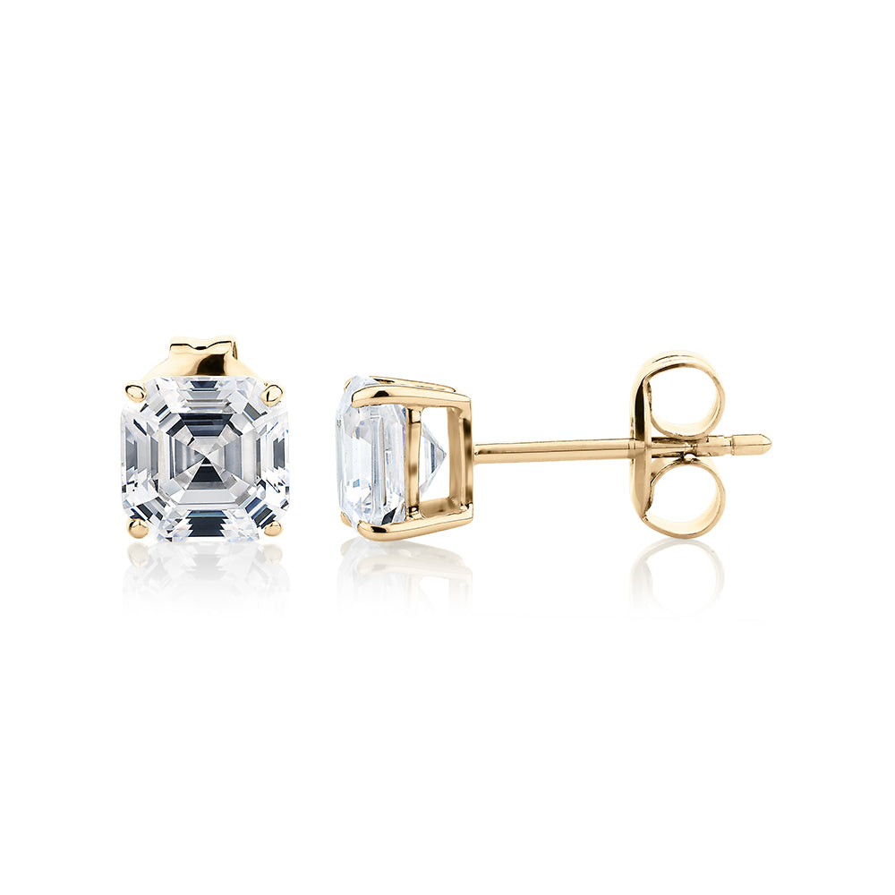 Asscher stud earrings with 2 carats* of diamond simulants in 10 carat yellow gold