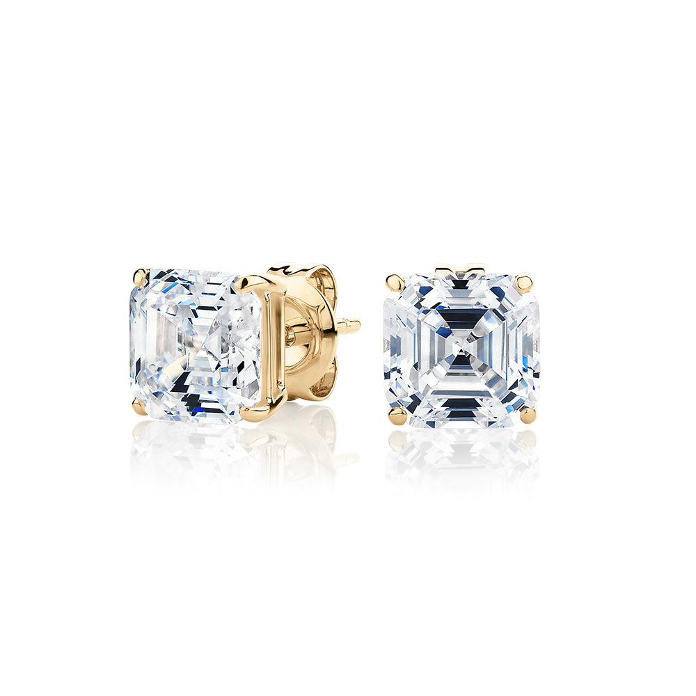Asscher stud earrings with 3 carats* of diamond simulants in 10 carat yellow gold