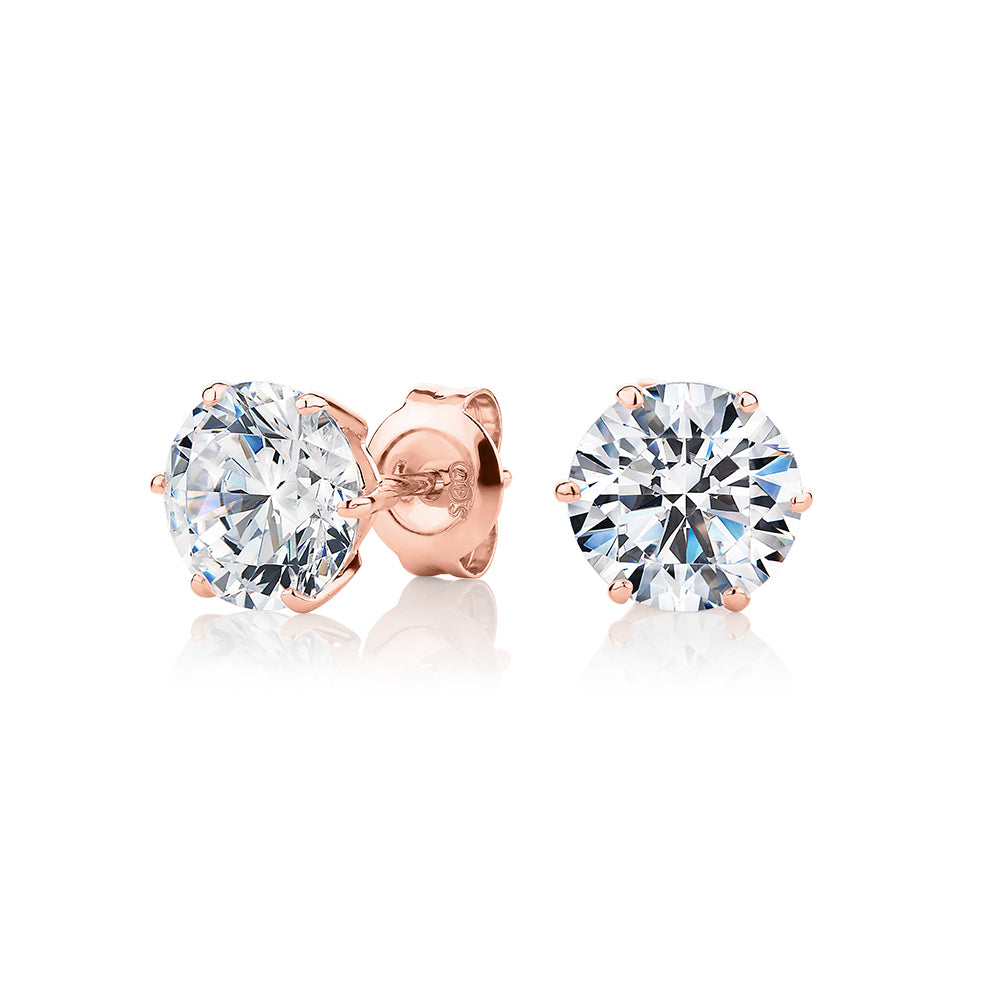 Round Brilliant stud earrings with 3 carats* of diamond simulants in 10 carat rose gold