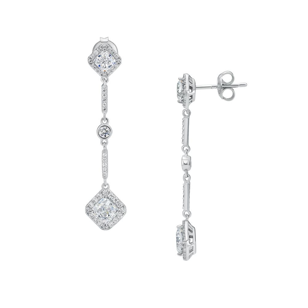 Round Brilliant and Princess Cut drop earrings with 2.9 carats* of diamond simulants in sterling silver