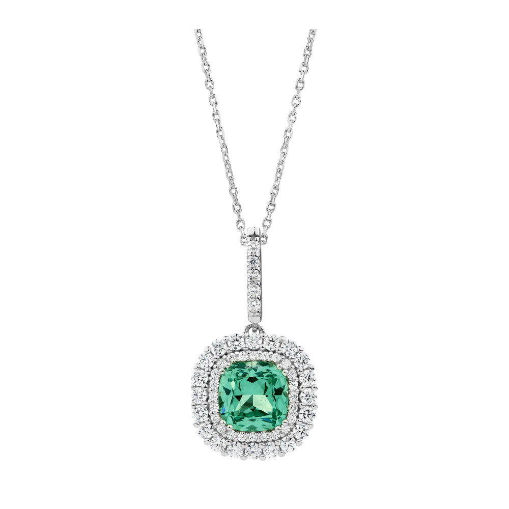 Halo necklace with ocean green simulant and 0.67 carats* of diamond simulants in sterling silver