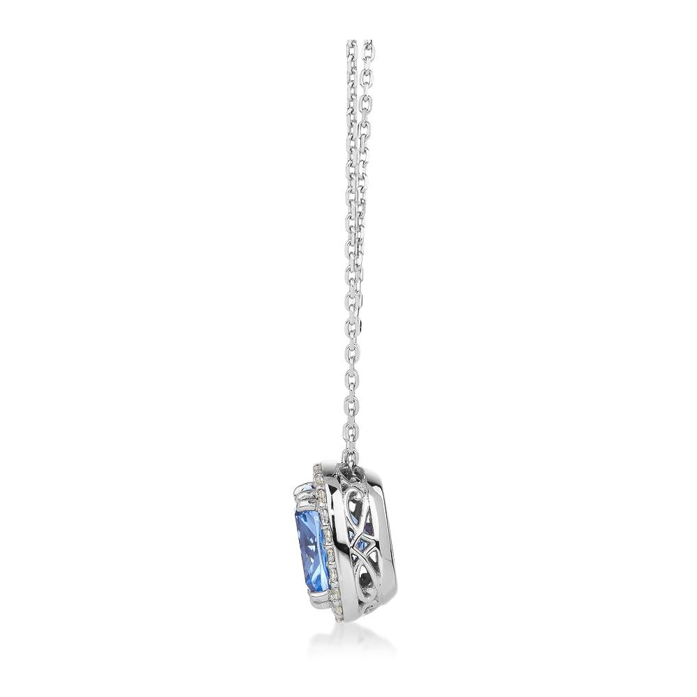 Halo necklace with blue topaz simulant and 0.22 carats* of diamond simulants in sterling silver