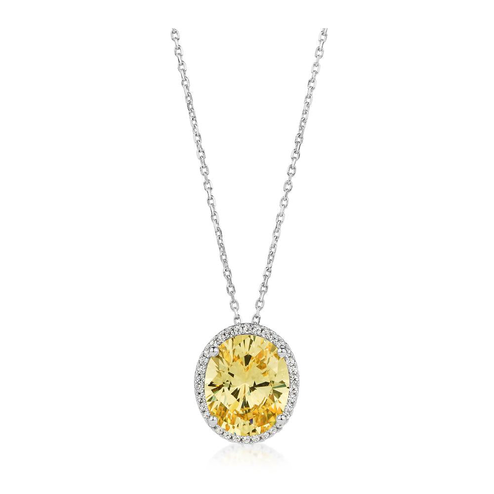 Oval and Round Brilliant Halo necklace with 5.32 carats* of diamond simulants in sterling silver