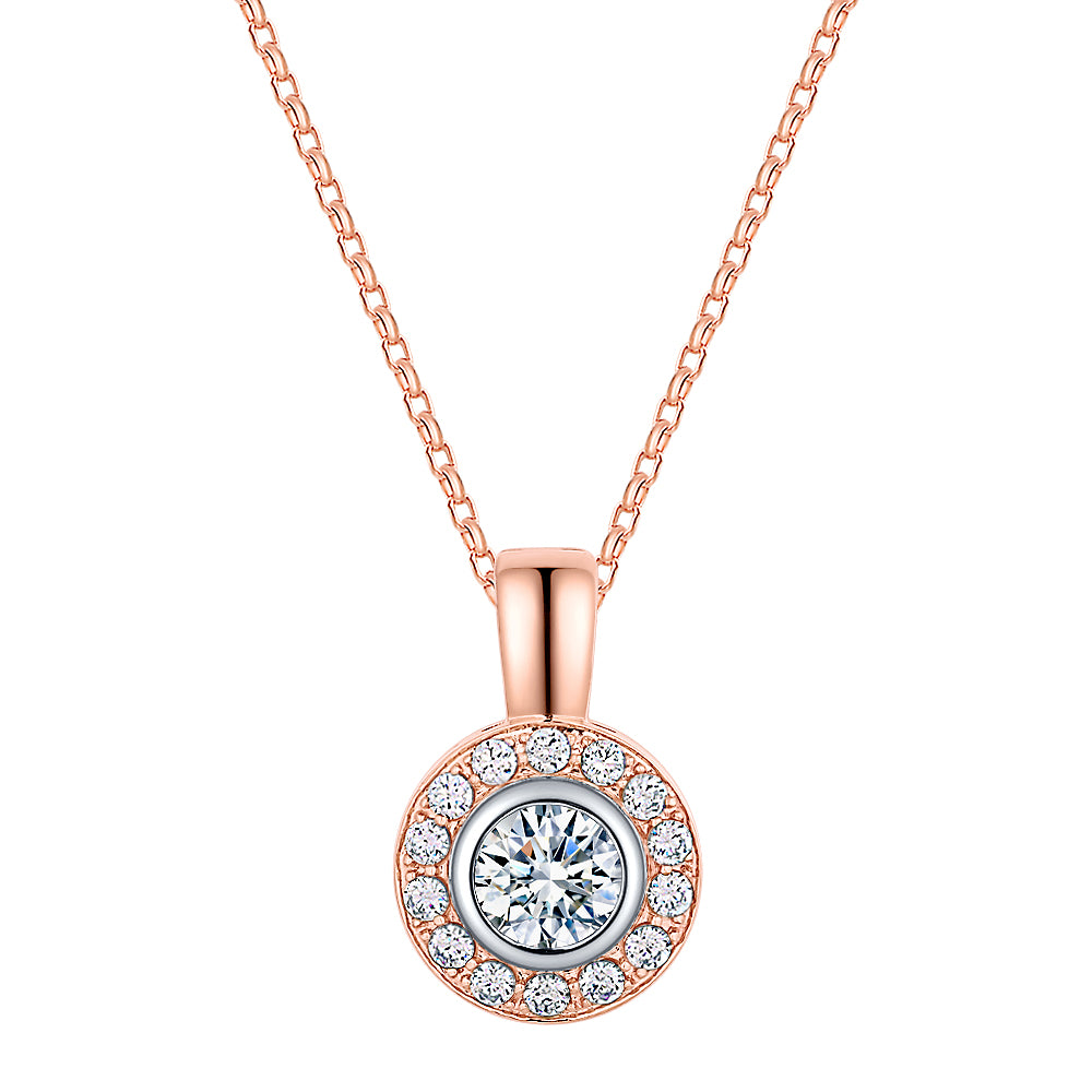 Halo pendant with 1.45 carats* of diamond simulants in 10 carat rose and white gold