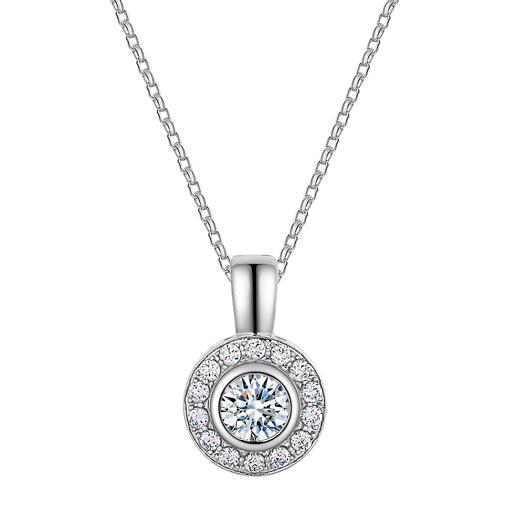 Halo pendant with 1.45 carats* of diamond simulants in 10 carat white gold