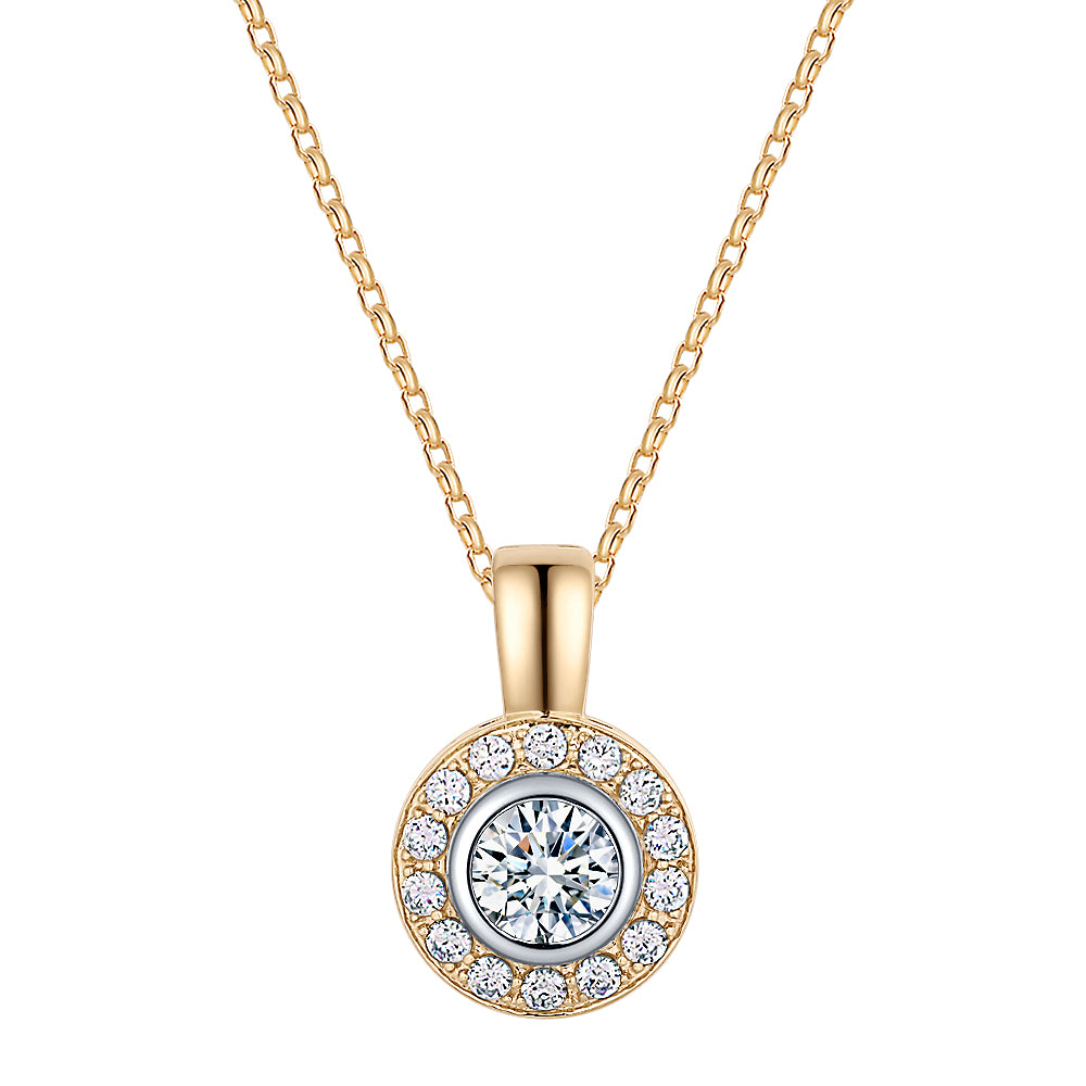 Halo pendant with 1.45 carats* of diamond simulants in 10 carat yellow and white gold
