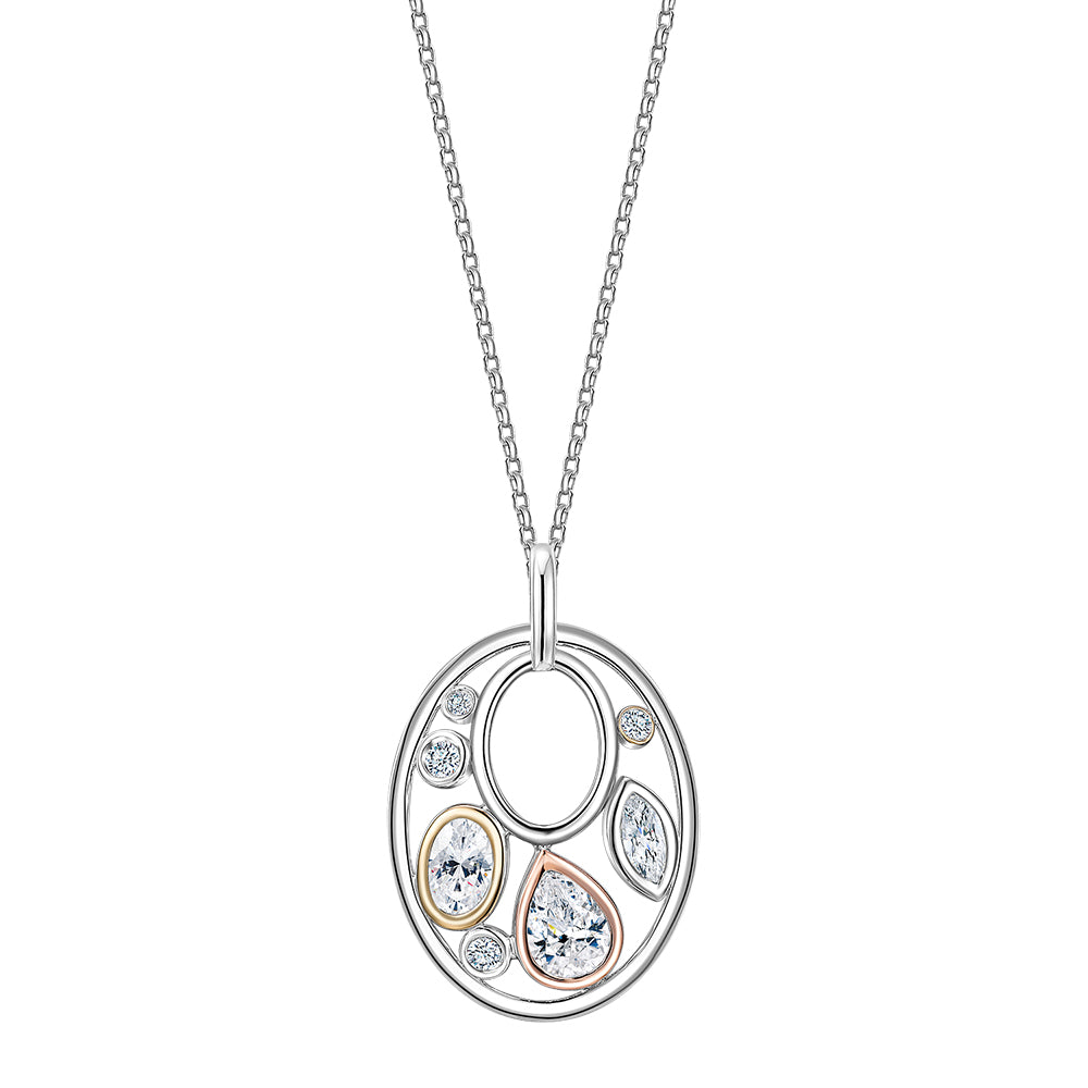 Fancy pendant with 1.5 carats* of diamond simulants in 10 carat yellow and rose gold and sterling silver