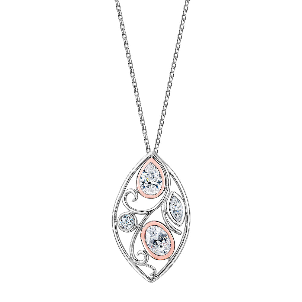 Fancy pendant with 1.83 carats* of diamond simulants in 10 carat rose gold and sterling silver