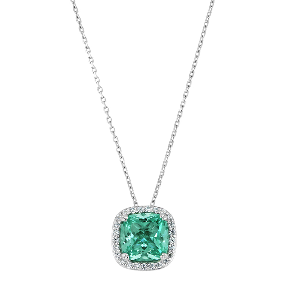 Halo necklace with ocean green simulant and 0.22 carats* of diamond simulants in sterling silver