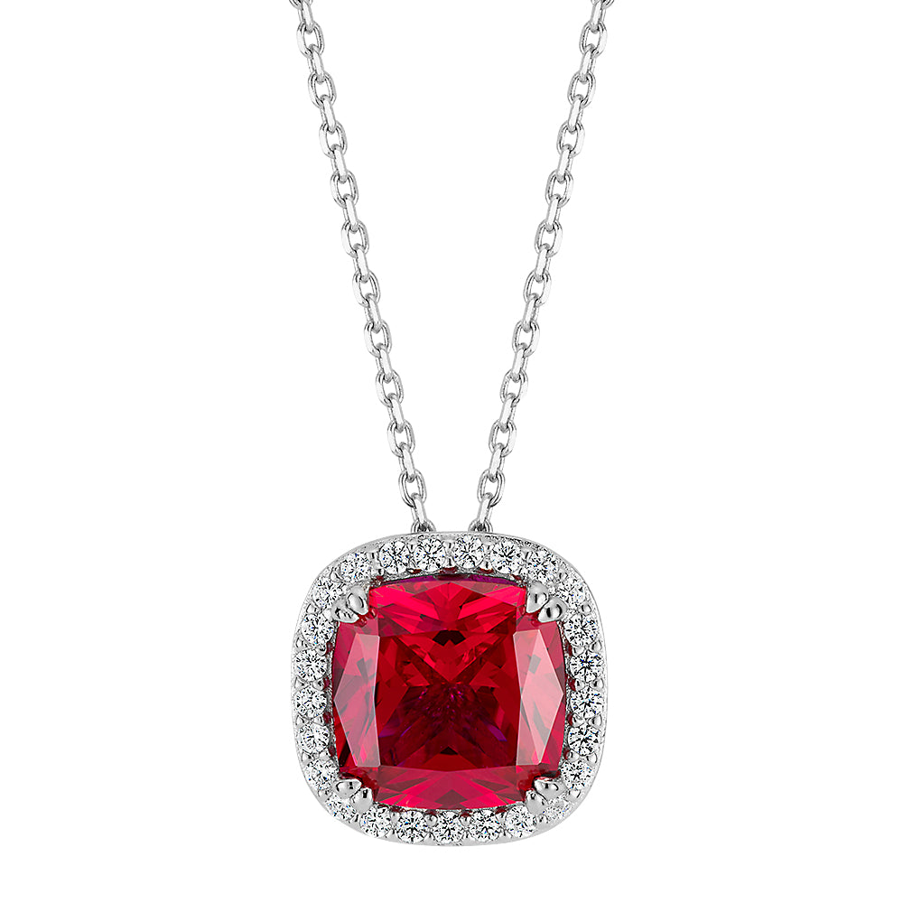 Halo necklace with ruby simulant and 0.25 carats of diamond simulants in sterling silv