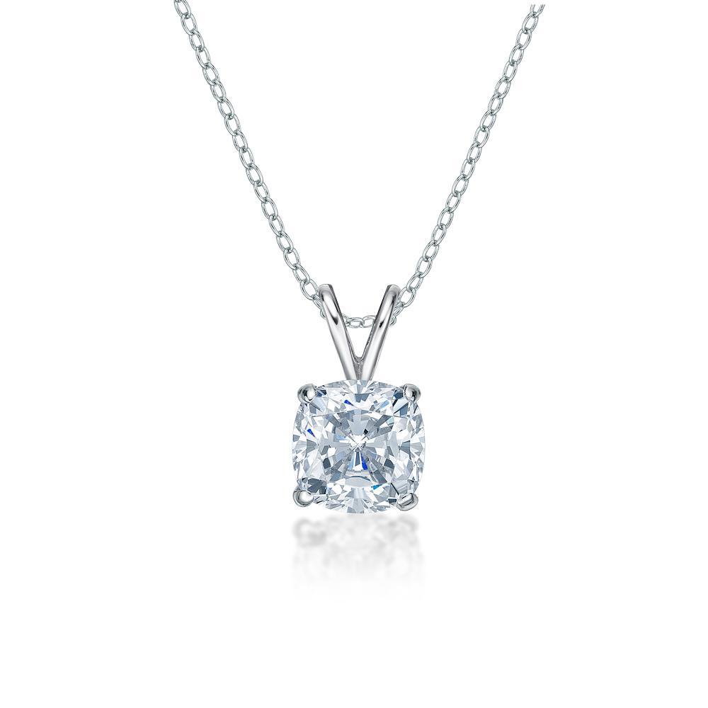 Cushion solitaire pendant with 2 carat* diamond simulant in 10 carat white gold