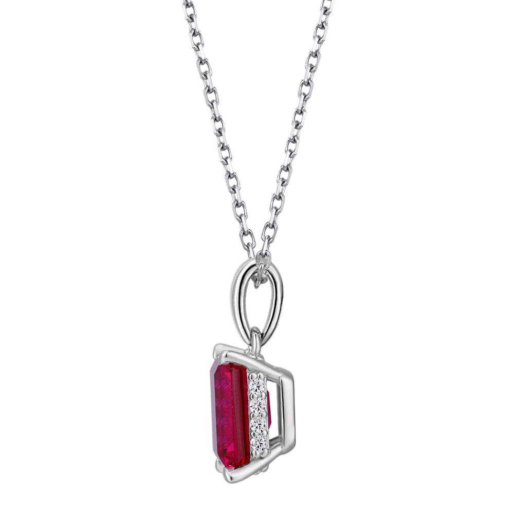 Round Brilliant solitaire necklace with ruby simulant in sterling silver