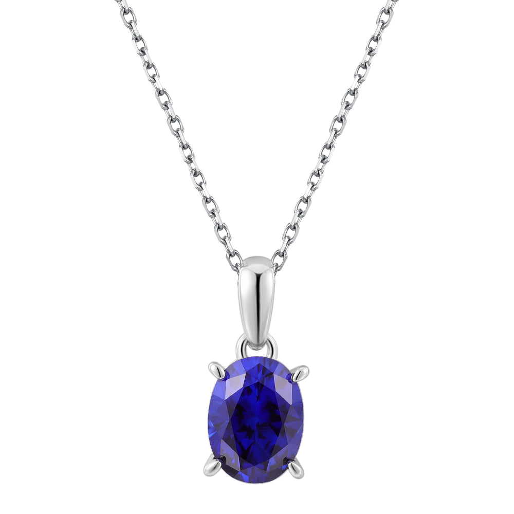 Round Brilliant solitaire necklace with dark blue sapphire simulant in sterling silver