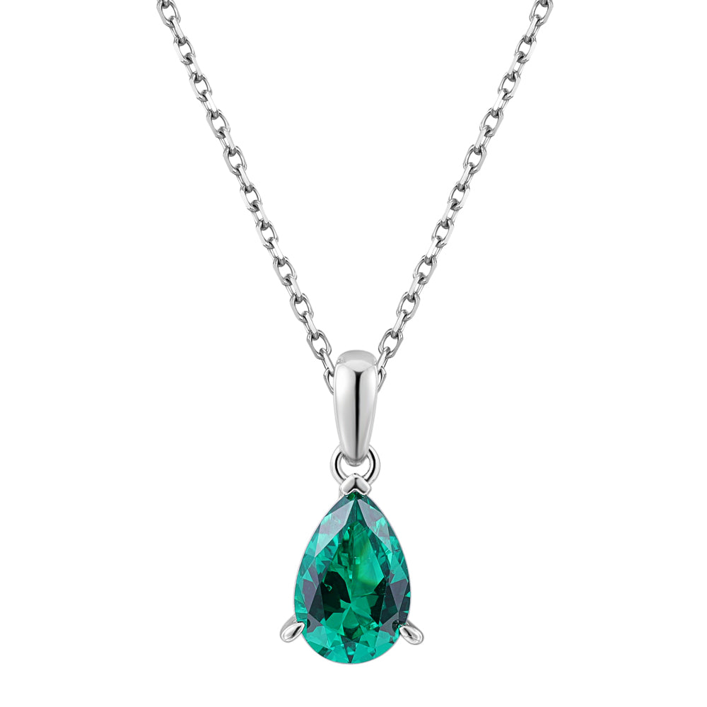 Round Brilliant solitaire necklace with emerald simulant in sterling silver