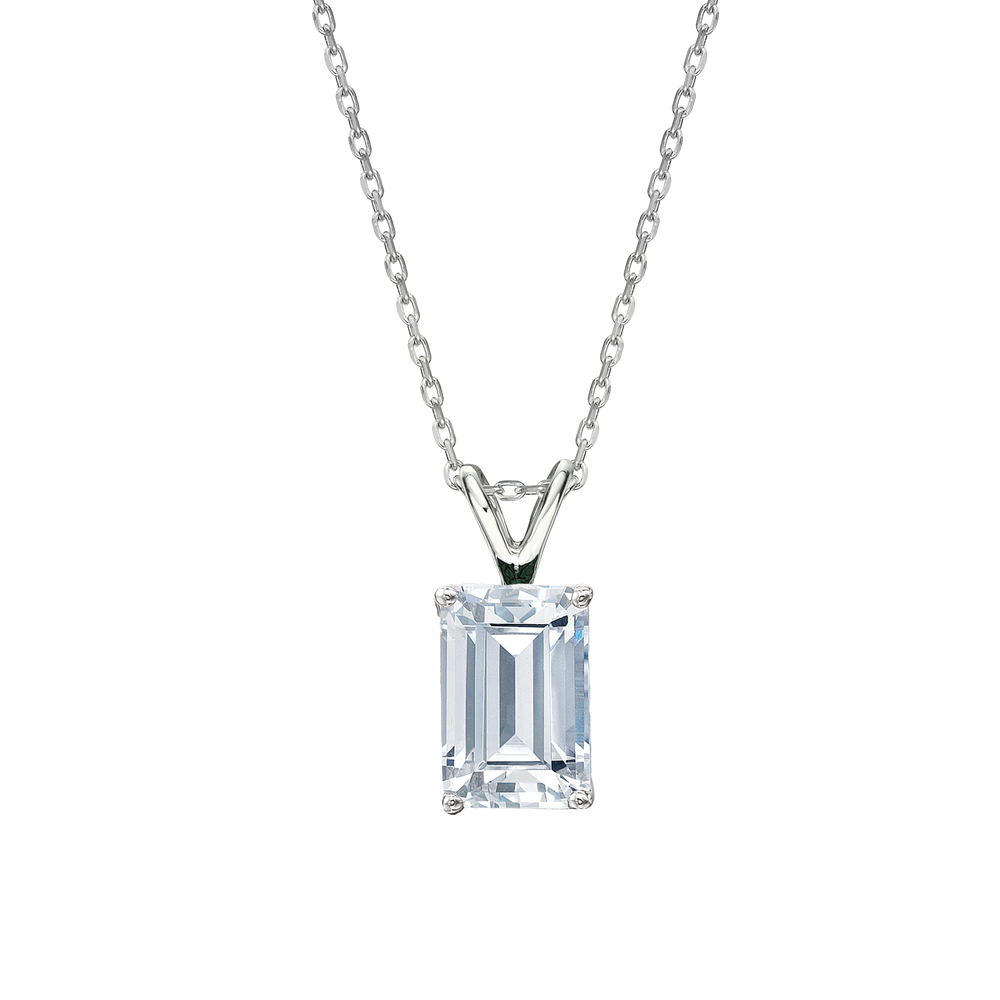 Emerald Cut solitaire pendant with 3 carat* diamond simulant in 10 carat white gold