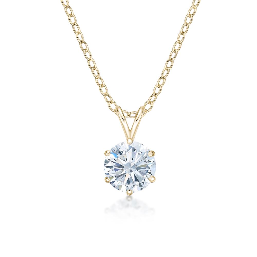 Round Brilliant solitaire pendant with 2 carat* diamond simulant in 10 carat yellow gold