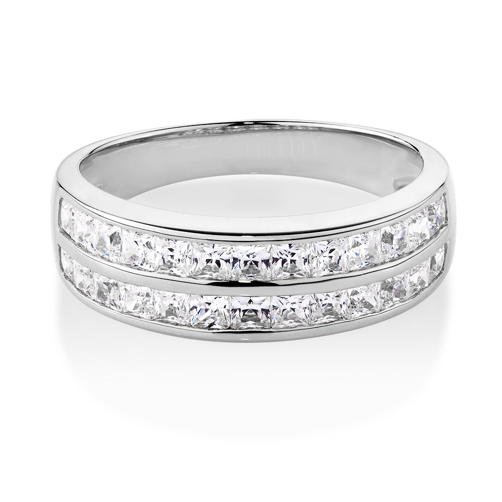 Wedding or eternity band with 1.56 carats* of diamond simulants in 10 carat white gold