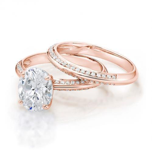 Oval Cut Knife Edge Engagement Ring and Band Set in Rose Gold