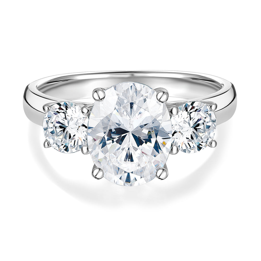 Three stone ring with 3.5 carats* of diamond simulants in 10 carat white gold