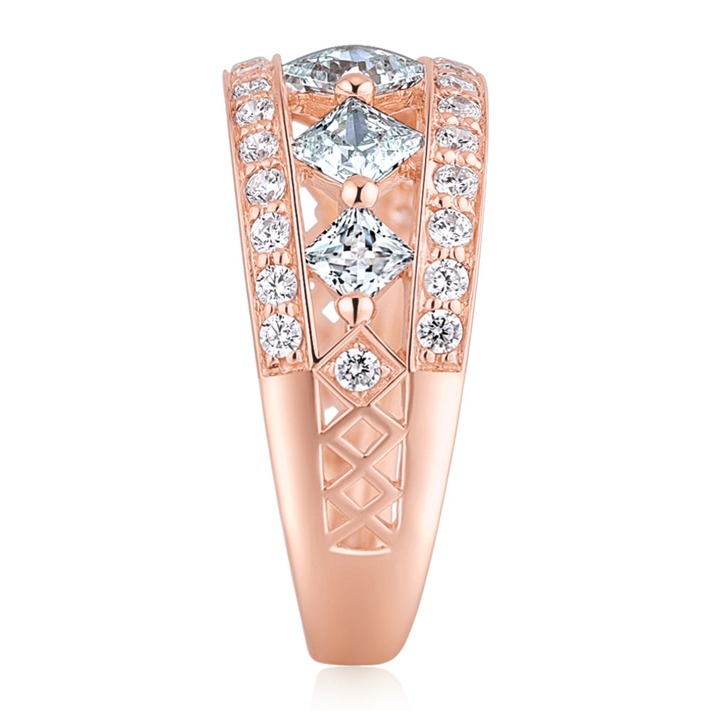 Princess Cut and Round Brilliant Dress ring with 1.71 carats* of diamond simulants in 10 carat rose gold