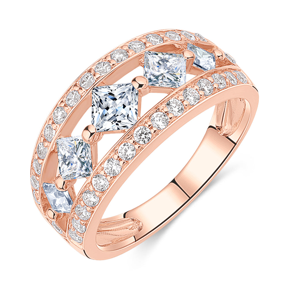 Princess Cut and Round Brilliant Dress ring with 1.71 carats* of diamond simulants in 10 carat rose gold