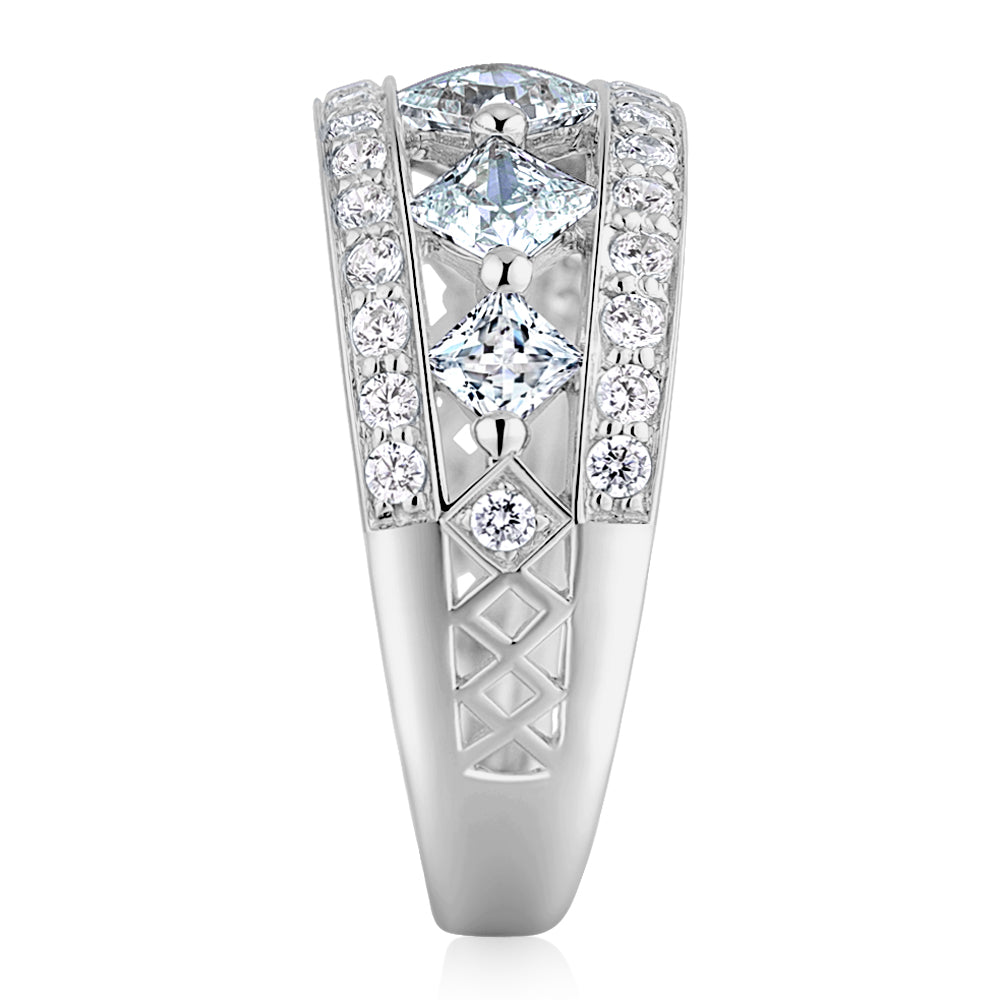 Princess Cut and Round Brilliant Dress ring with 1.71 carats* of diamond simulants in 10 carat white gold