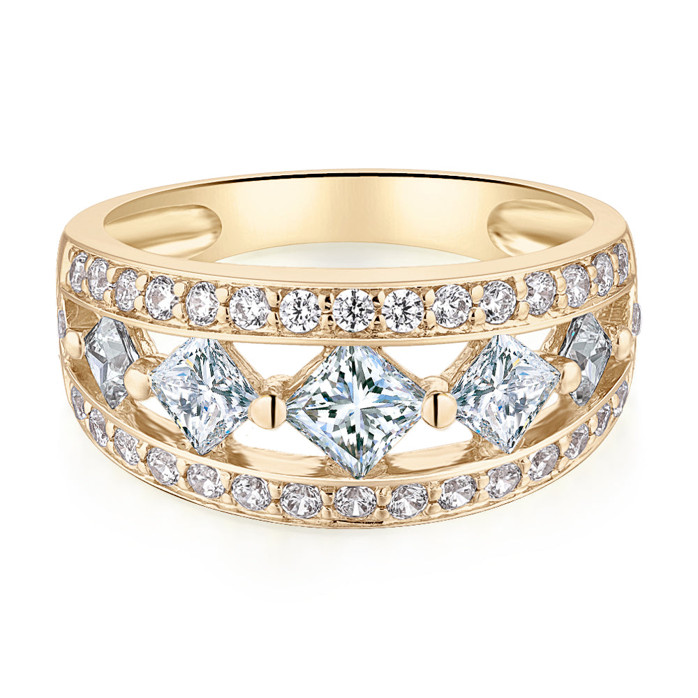 Princess Cut and Round Brilliant Dress ring with 1.71 carats* of diamond simulants in 10 carat yellow gold