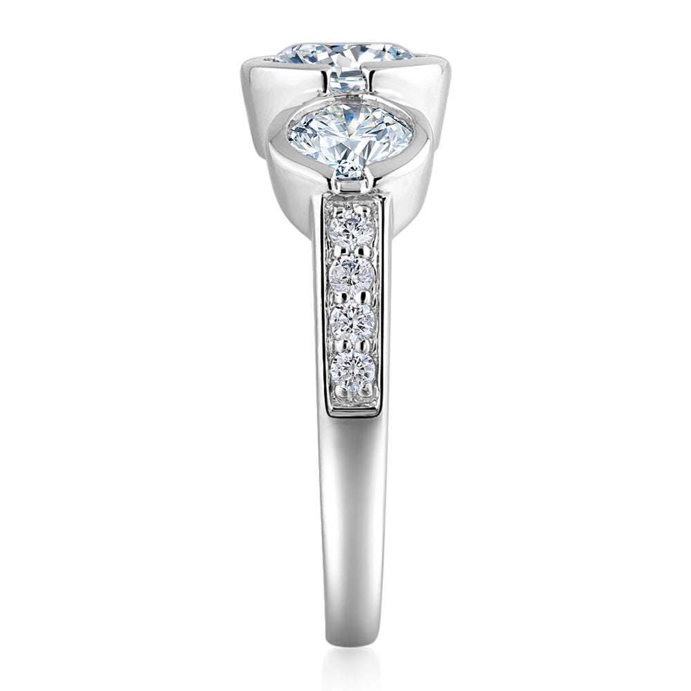 Three stone ring with 2.11 carats* of diamond simulants in 10 carat white gold
