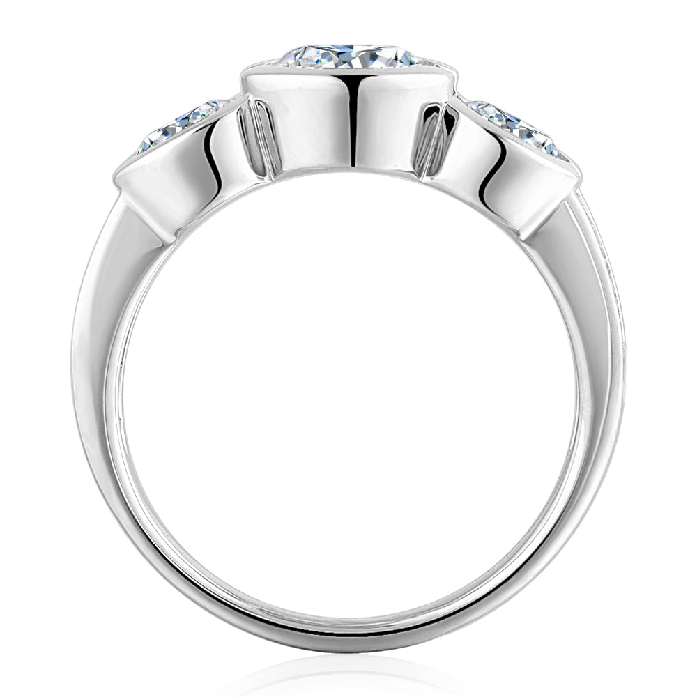Three stone ring with 2.11 carats* of diamond simulants in 10 carat white gold