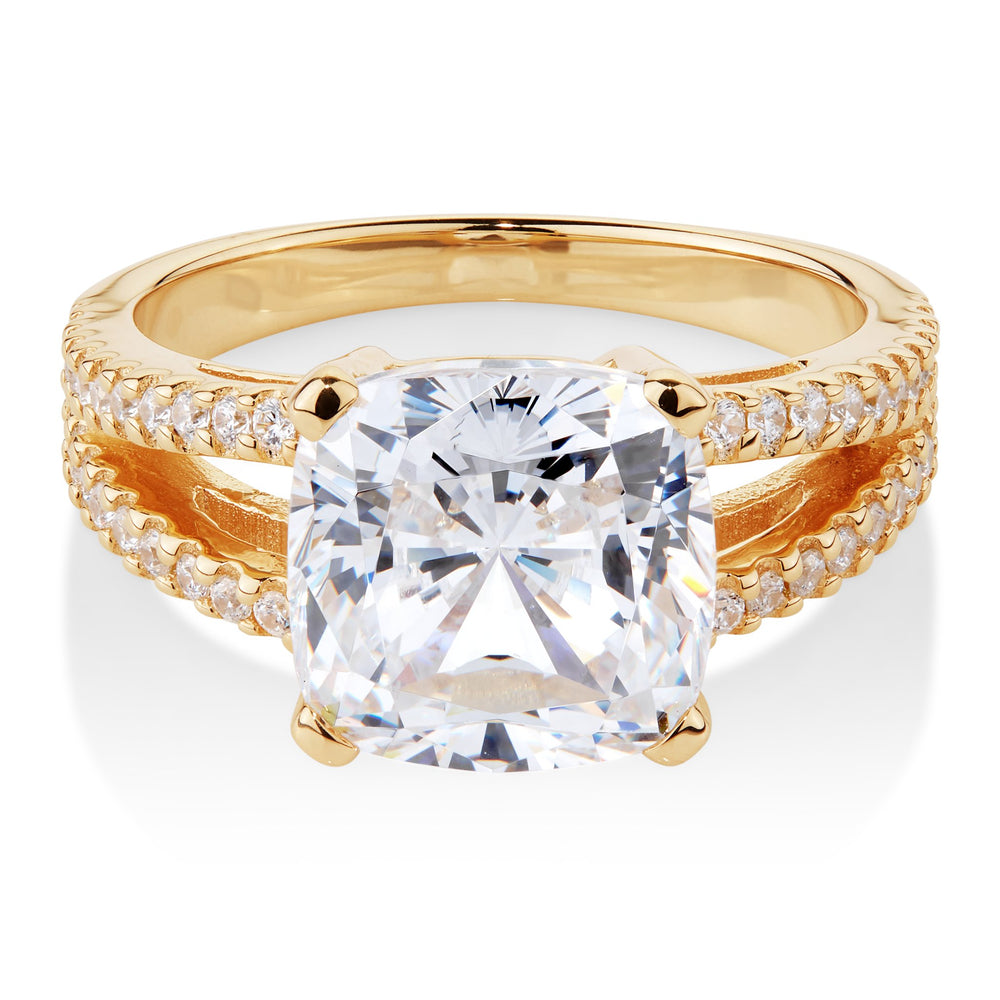 Cushion and Round Brilliant shouldered engagement ring with 4.27 carats* of diamond simulants in 10 carat yellow gold