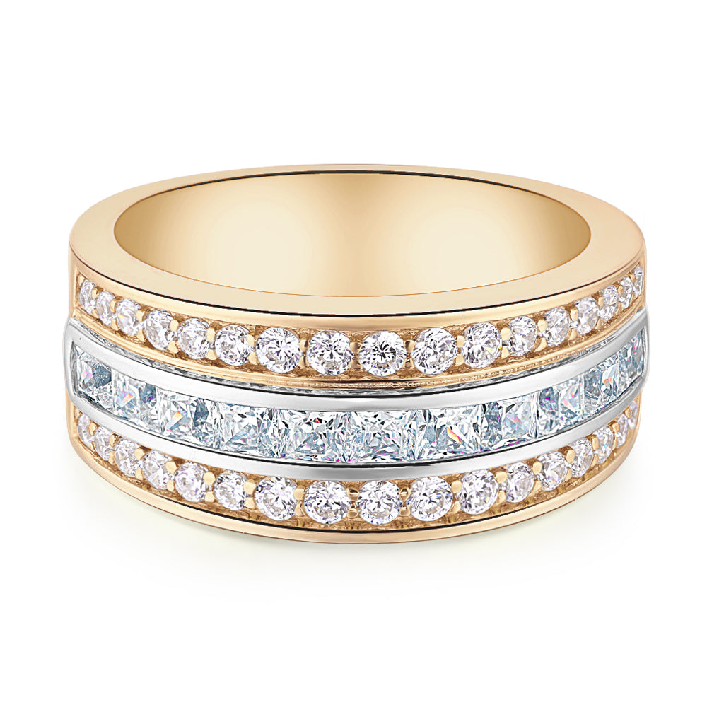 Princess Cut and Round Brilliant Dress ring with 1.62 carats* of diamond simulants in 10 carat yellow and white gold