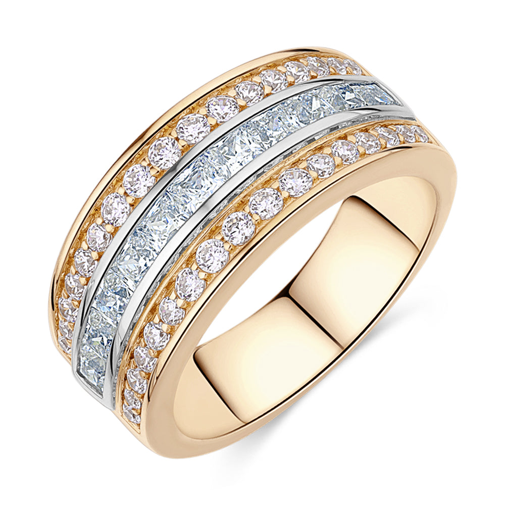 Princess Cut and Round Brilliant Dress ring with 1.62 carats* of diamond simulants in 10 carat yellow and white gold