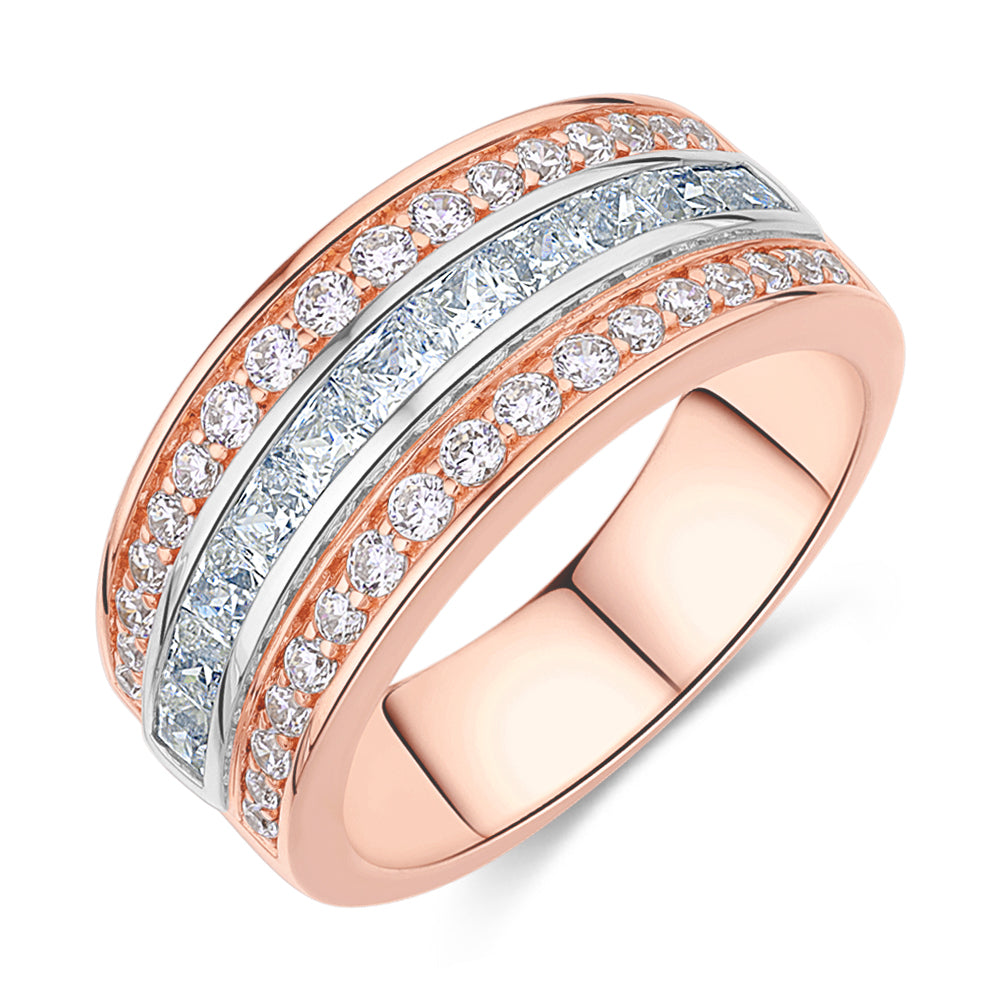 Princess Cut and Round Brilliant Dress ring with 1.62 carats* of diamond simulants in 10 carat rose and white gold