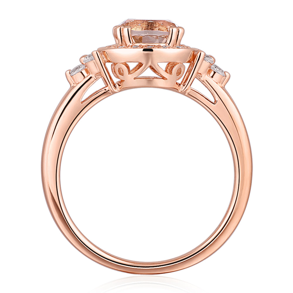 Round Brilliant halo engagement ring with 7mm morganite simulant in 10 carat rose gold