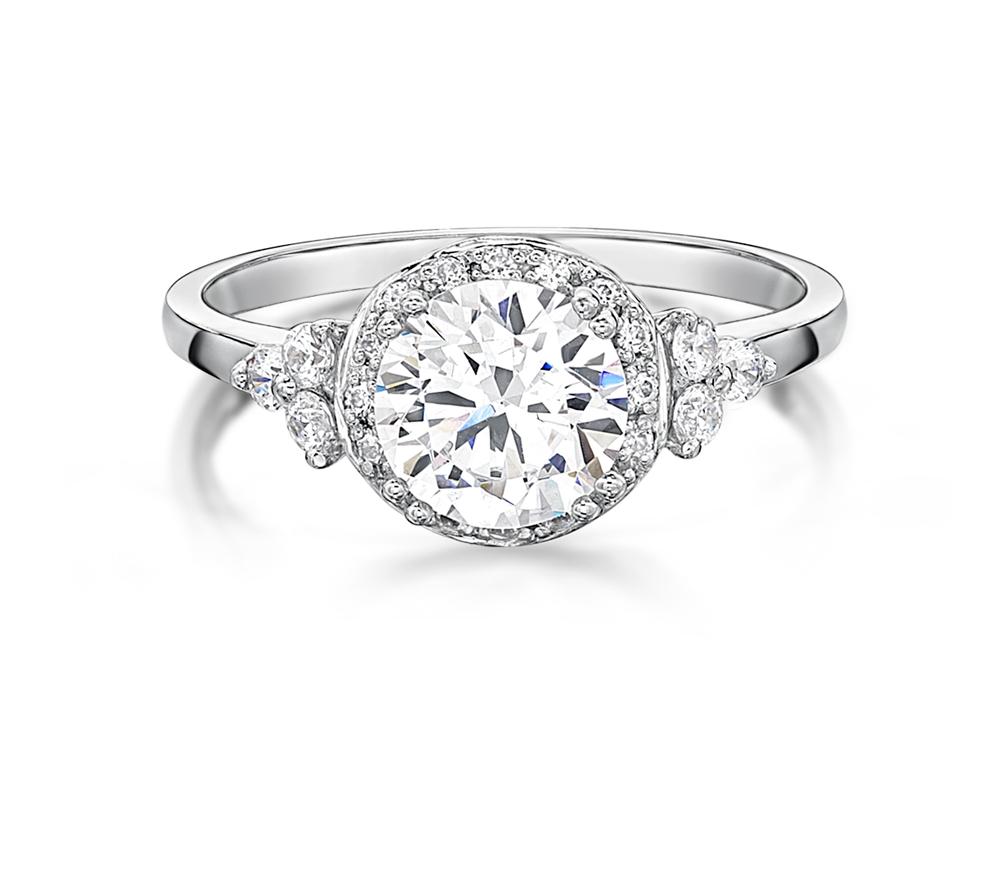 Round Brilliant halo engagement ring with 1.48 carats* of diamond simulants in 10 carat white gold