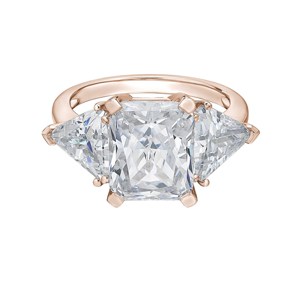 Aurora Three stone ring with 10.85 carats* of diamond simulants in 10 carat rose gold