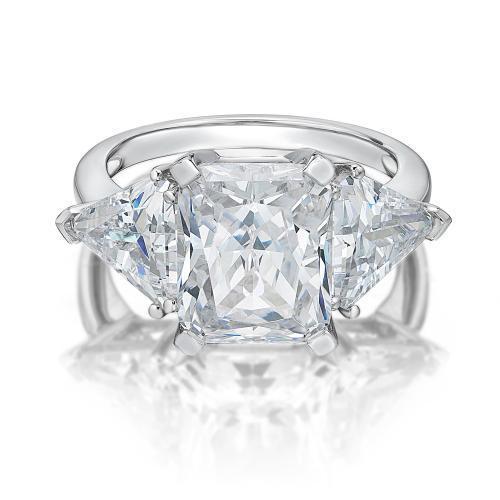 Aurora Three stone ring with 10.85 carats* of diamond simulants in 10 carat white gold