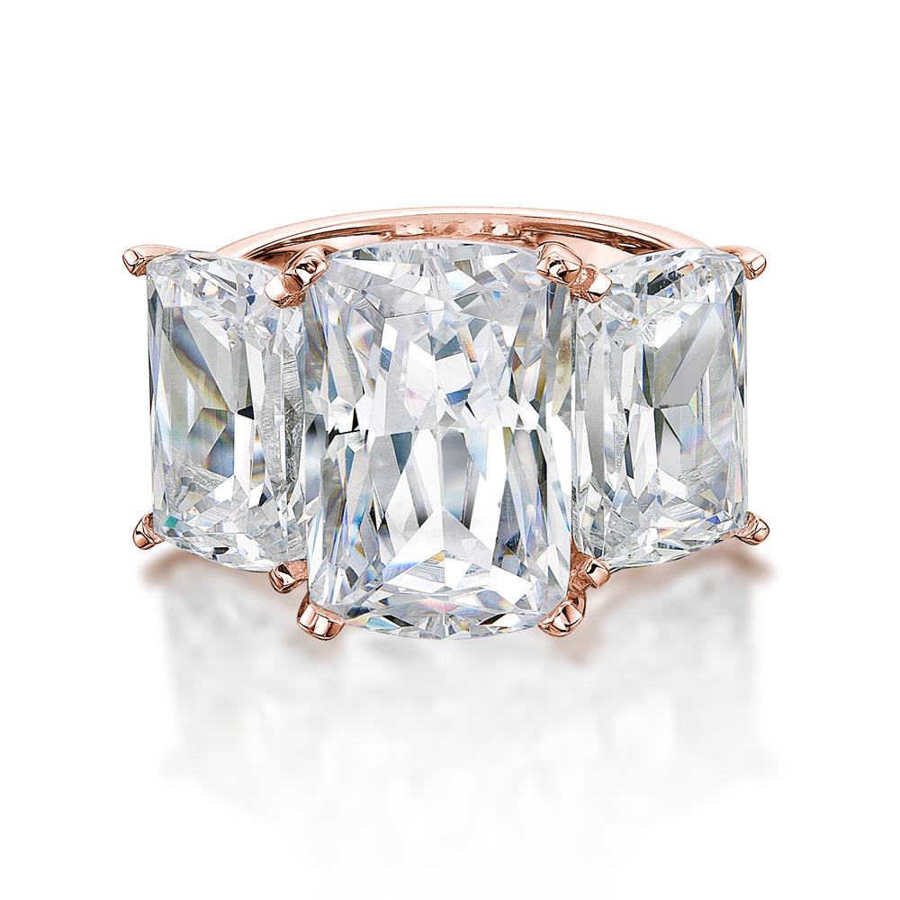 Aurora Three stone ring with 17.17 carats* of diamond simulants in 10 carat rose gold