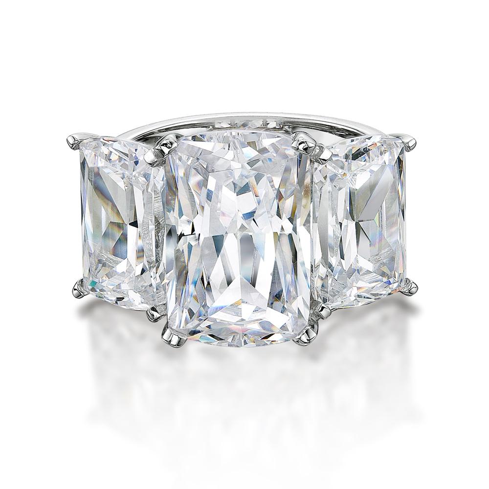 Aurora Three stone ring with 17.17 carats* of diamond simulants in 10 carat white gold