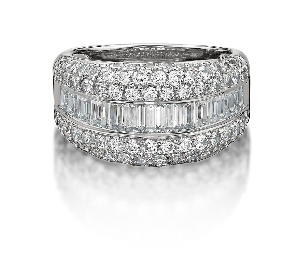 Round Brilliant and Baguette Dress ring with 2.65 carats* of diamond simulants in 10 carat white gold