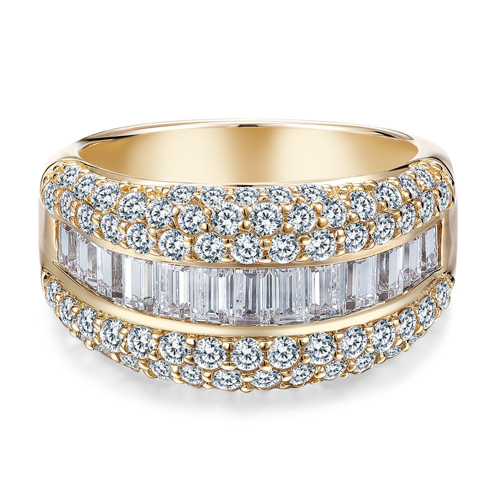 Round Brilliant and Baguette Dress ring with 2.65 carats* of diamond simulants in 10 carat yellow gold