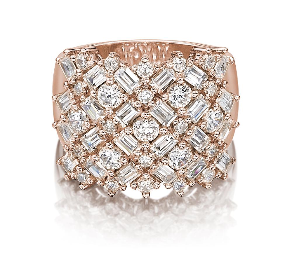 Dress ring with 3.59 carats* of diamond simulants in 10 carat rose gold